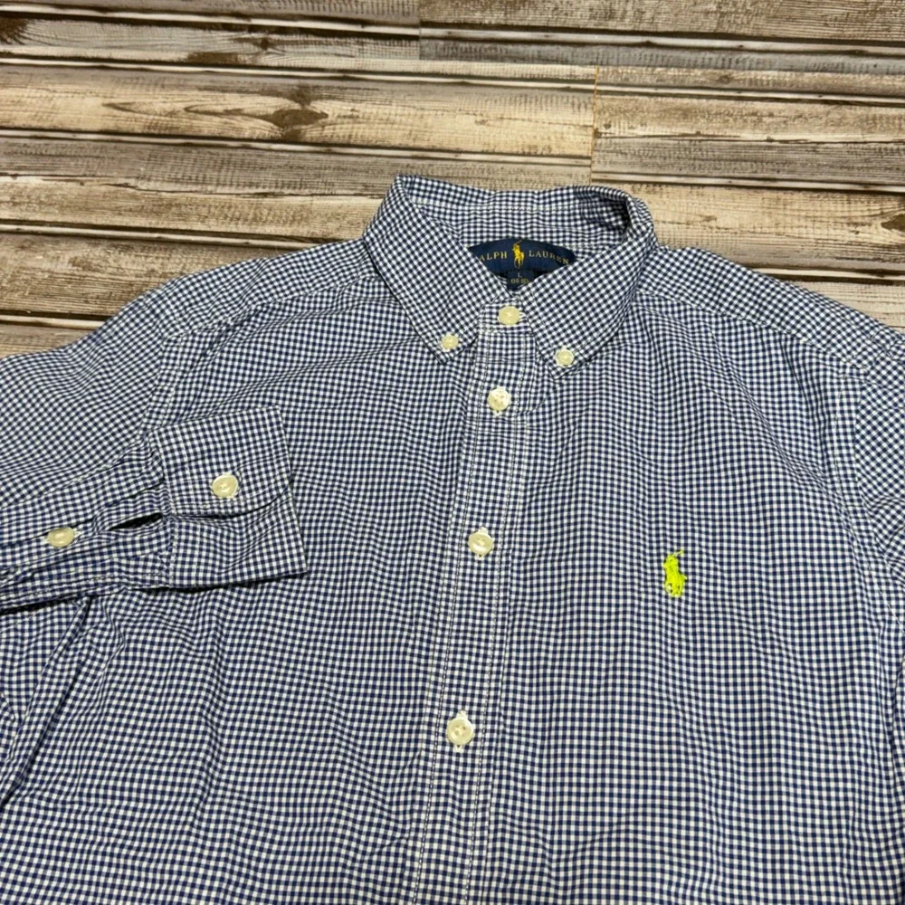 Ralph Lauren Button Down Shirt Kids Size L (14-16) Blue Gingham Long Sleeve Pony